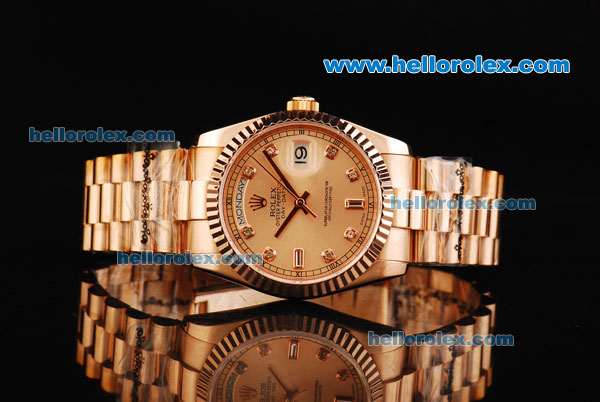 Rolex Day-Date Oyster Perpetual Automatic Rose Gold Case and Strap with Diamond Markers and Small Calendar - Click Image to Close